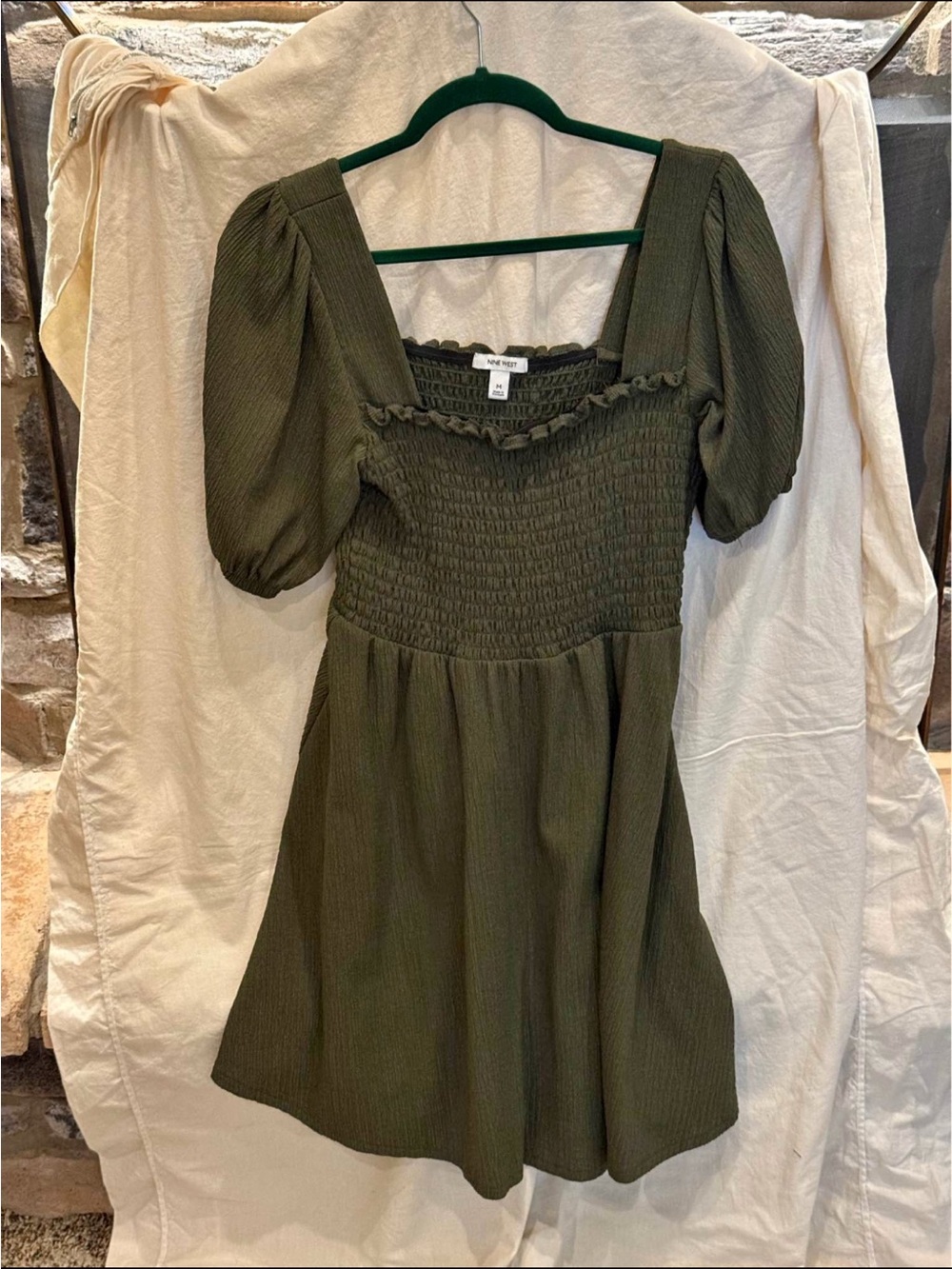 Nine West Puff Sleeve Smocked Mini Dress - Olive